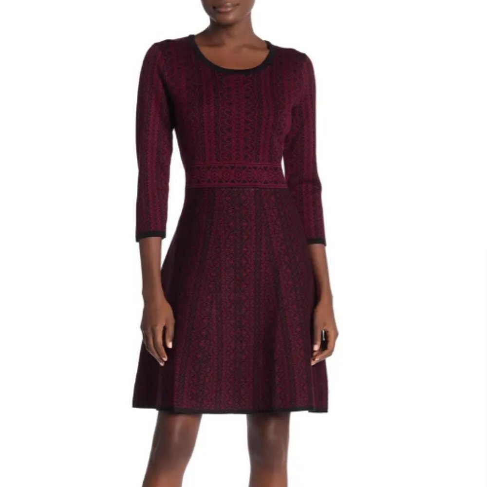 Nina Leonard Wine and Black Long Sleeve Sweater Dress
